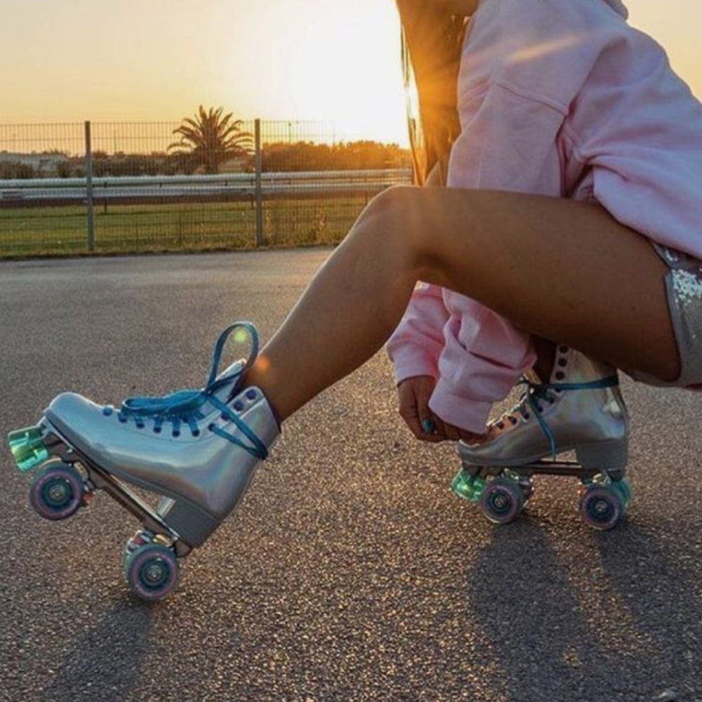 Holographic Roller Skates with Blue Laces